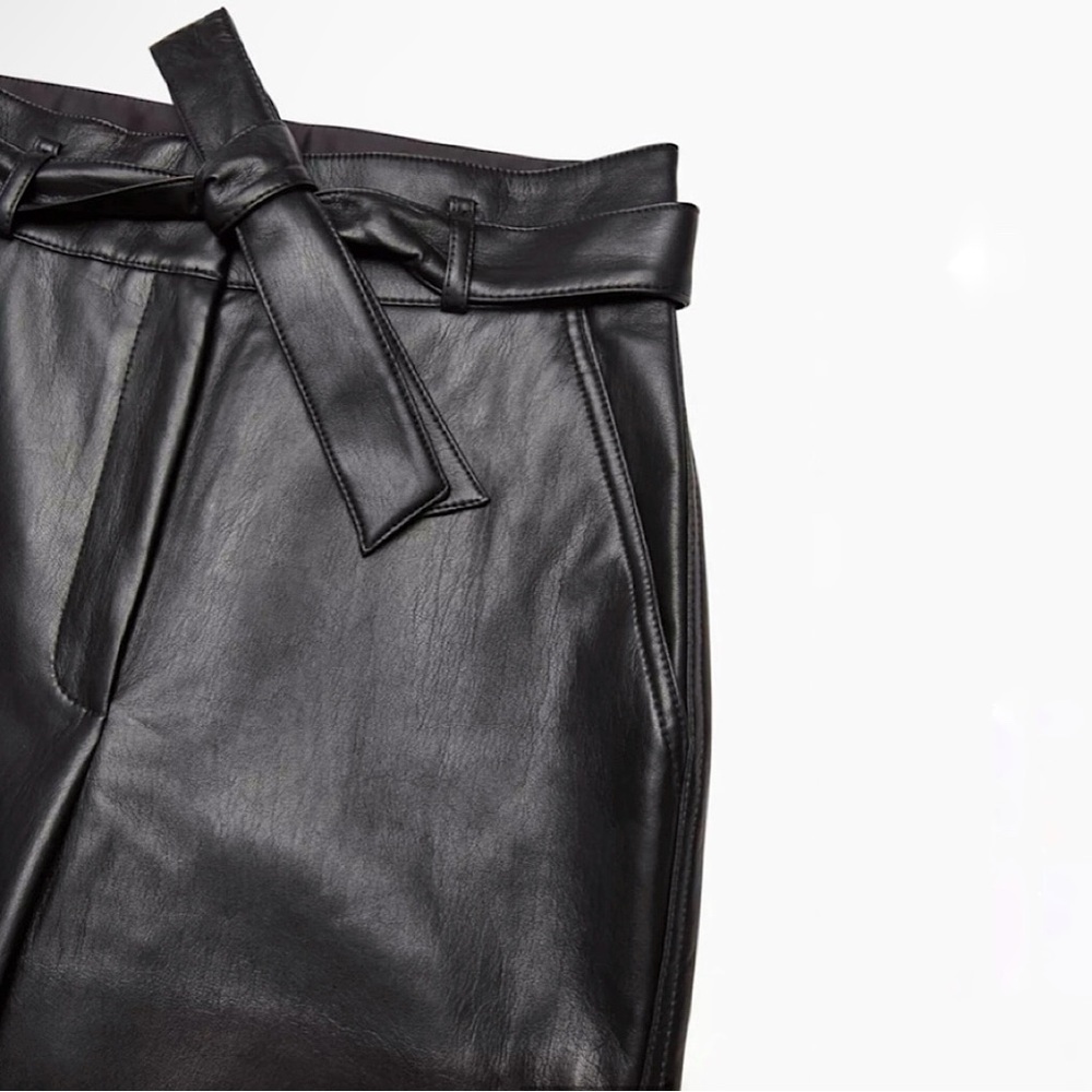 Aritzia Babaton Vegan Leather Belted Pant High Waist Tie Front Trouser Black 8 - Picture 6 of 16